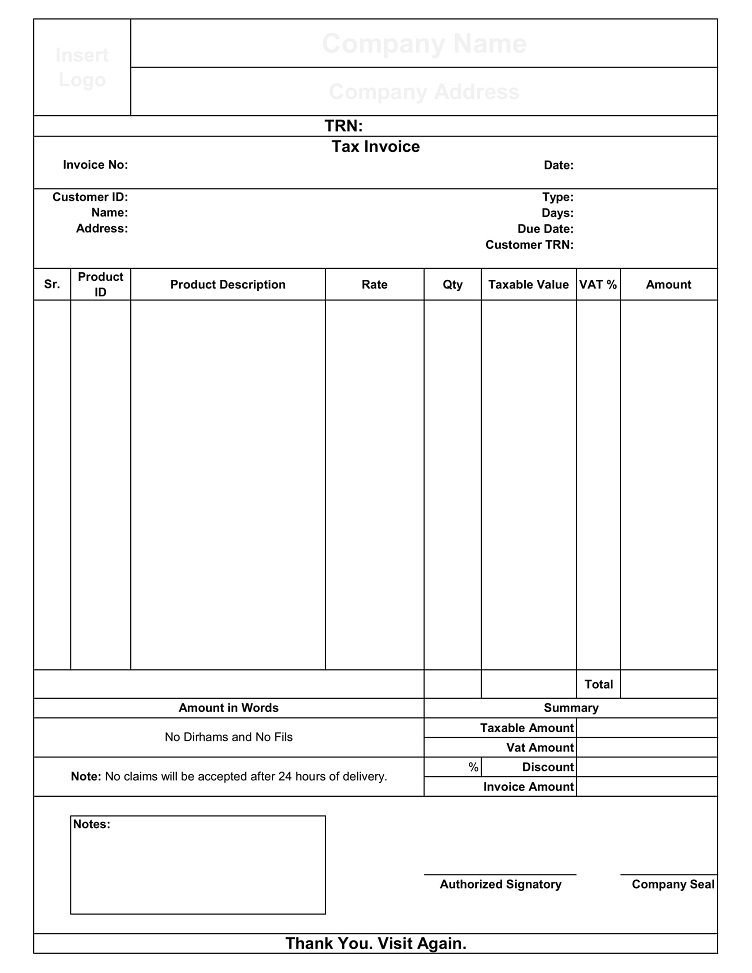 Printable UAE VAT Invoice Format
