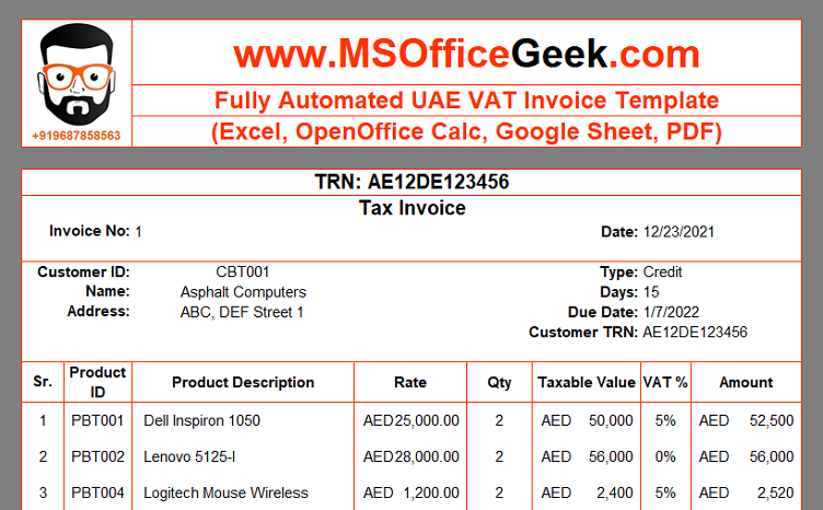 Fully Automated UAE VAT Invoice Template - MSOfficeGeek