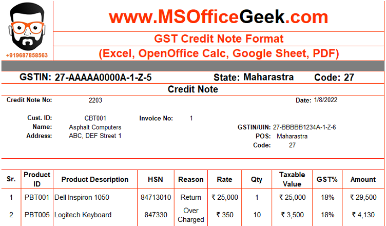 Ready-To-Use GST Credit Note Format for Goods Return - MSOfficeGeek