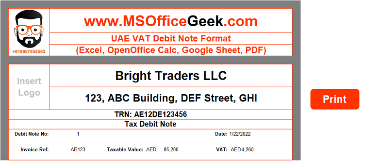 UAE VAT Debit Note