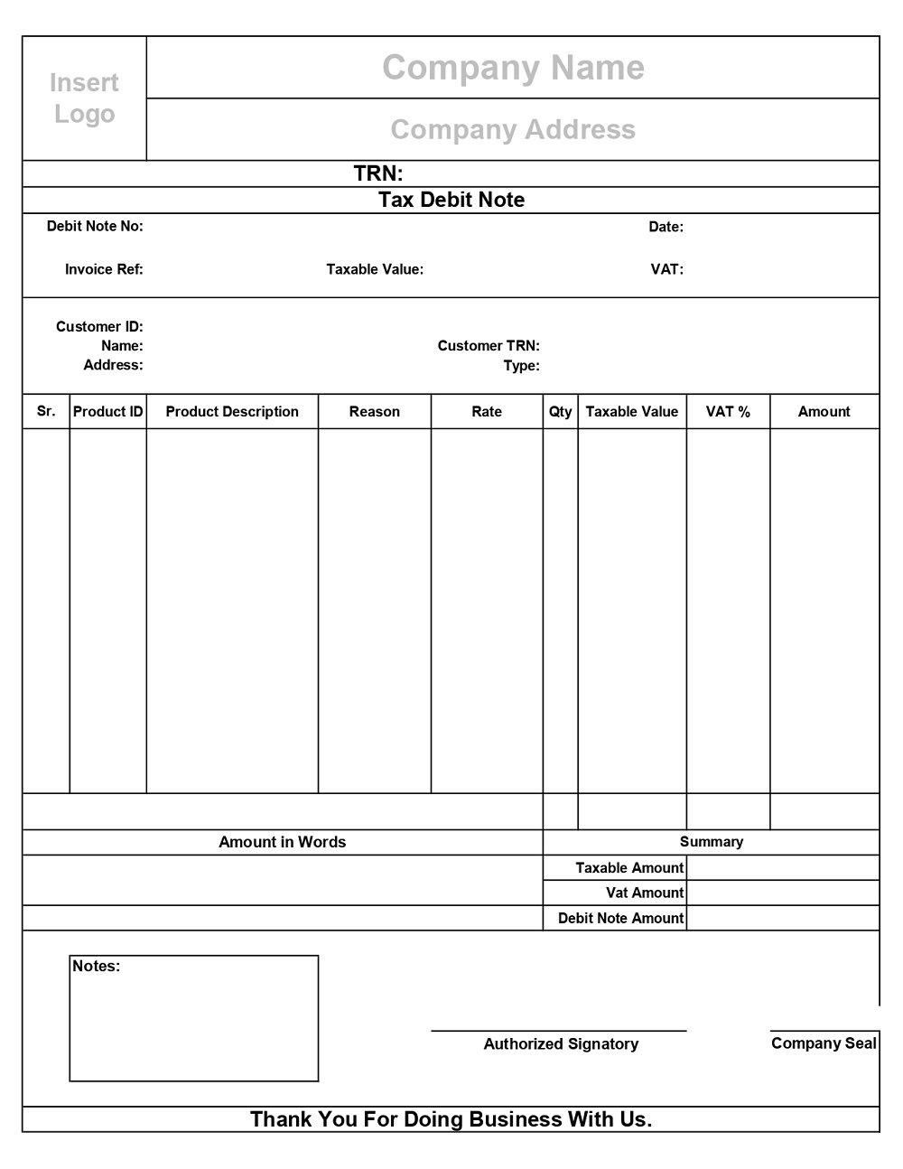 Printable UAE VAT Debit Note Format