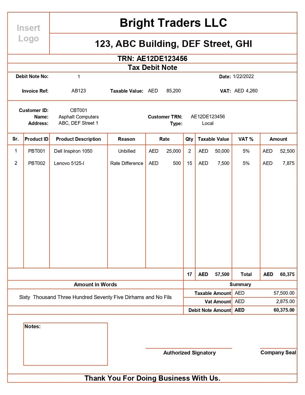 debit note sample