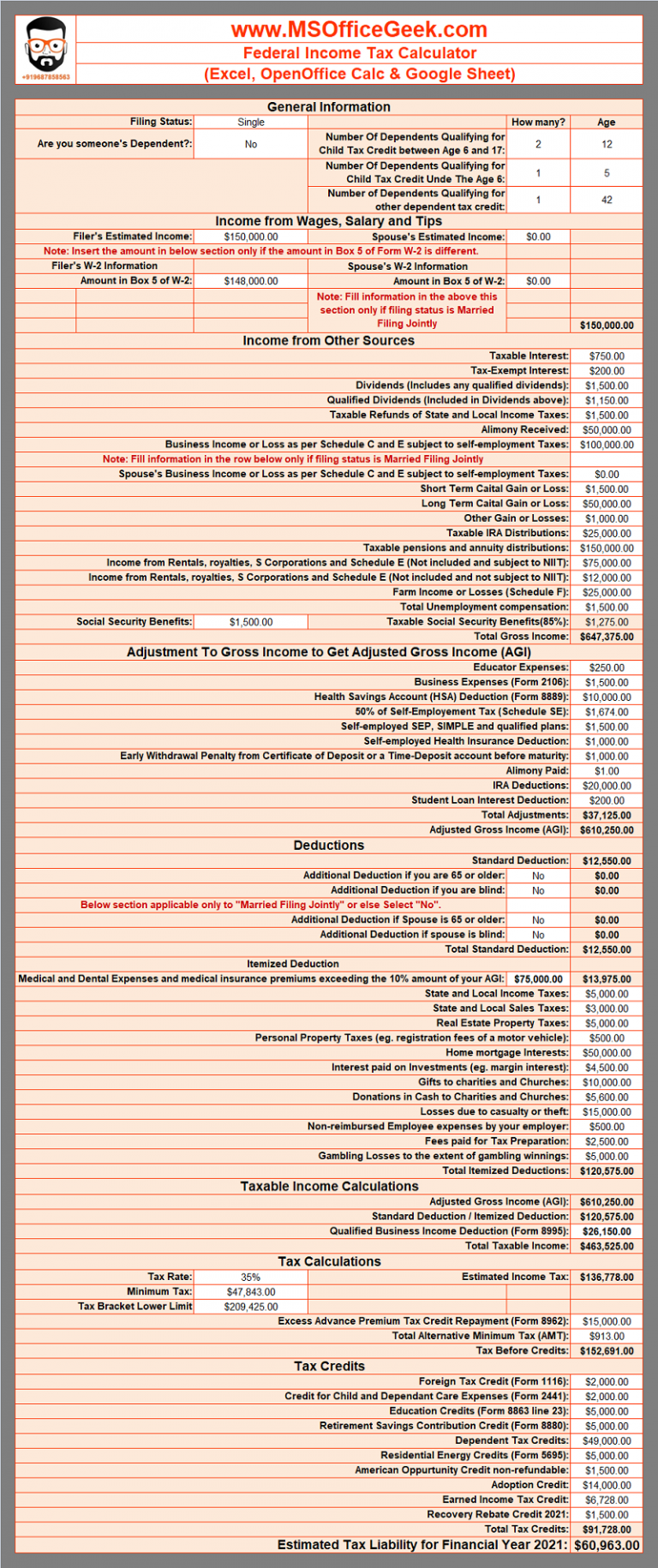 Federal Income Tax Calculator 2022 Msofficegeek