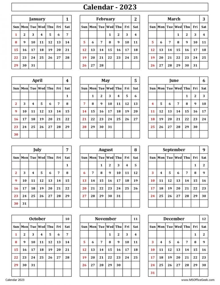 Ready-To-Use Printable Calendar 2023 - MSOfficeGeek