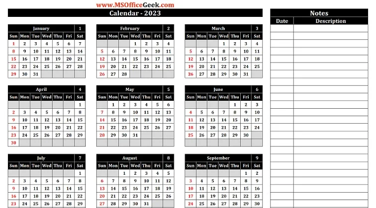 Calendar 2023 With Notes