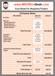 Ready-To-Use Cost Sheet Template - MSOfficeGeek