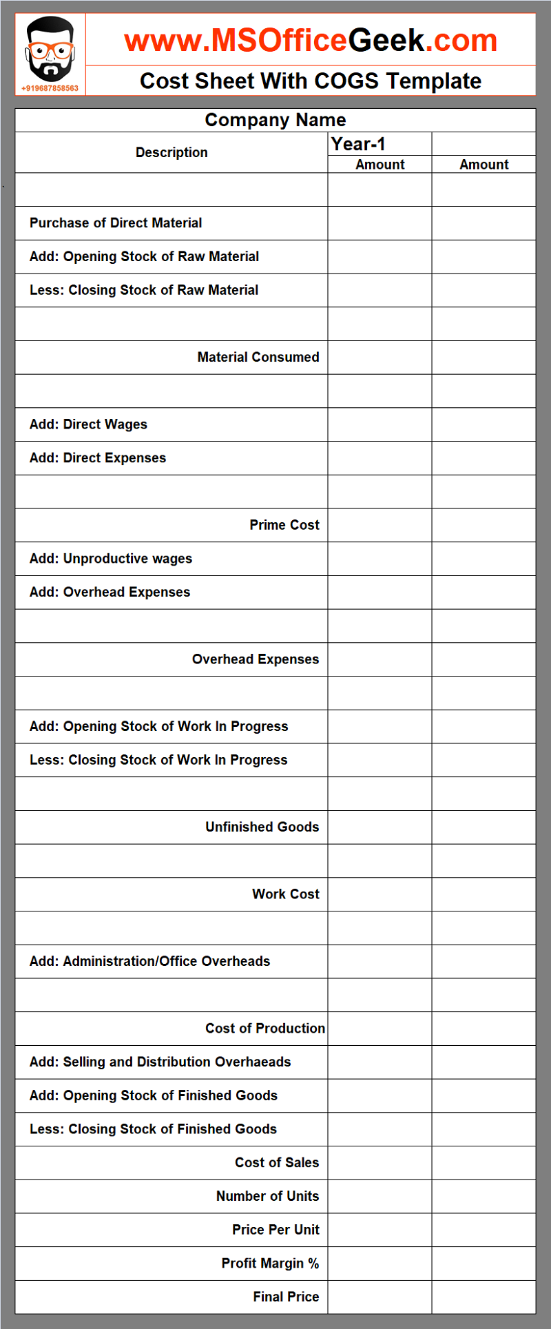 Printable Cost Sheet With COGS