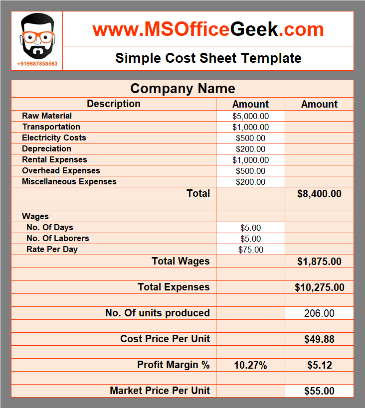 costing sheet template excel