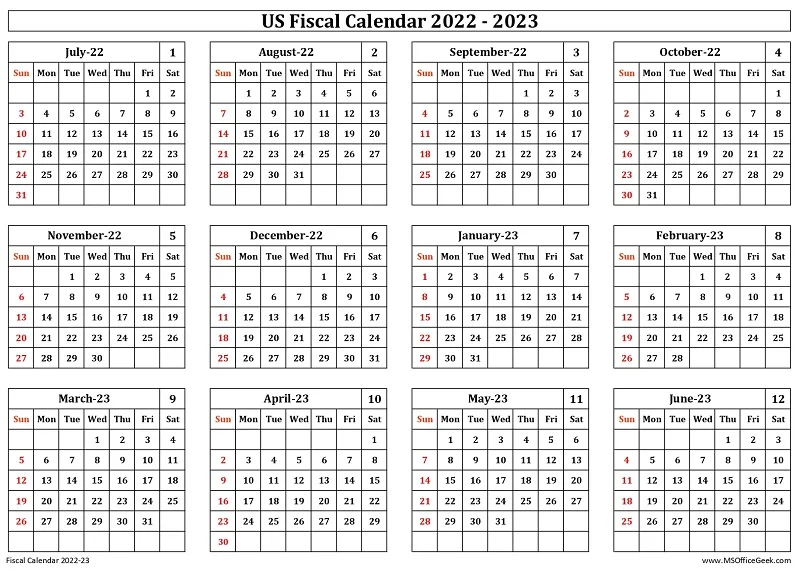 US Fiscal Calendar 2022-23 Colorless Landscape