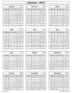 Printable Calendar 2024 - Colorless