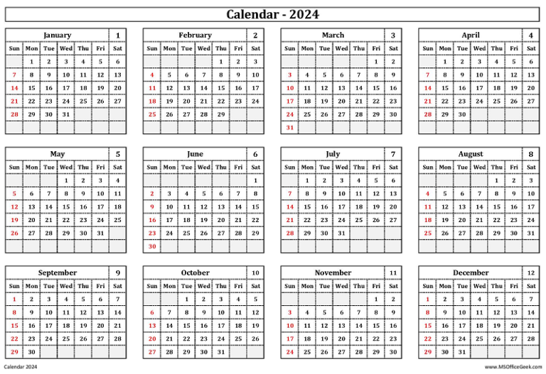 Ready-To-Use Printable Calendar 2024 - MSOfficeGeek