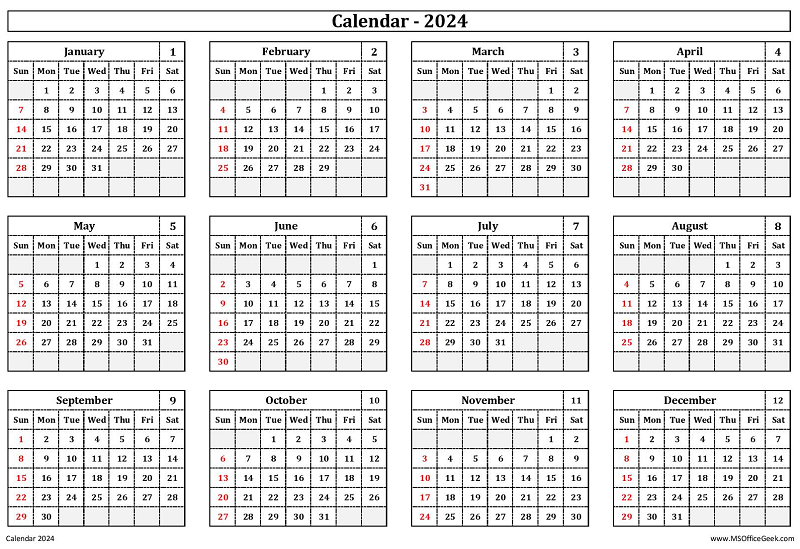 Ready-To-Use Printable Calendar 2024 - MSOfficeGeek