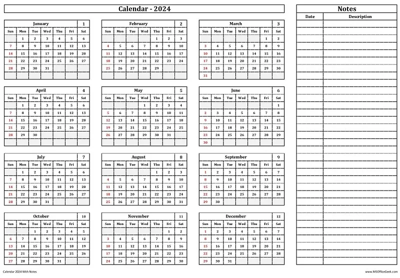 Printable Calendar 2024 With Notes