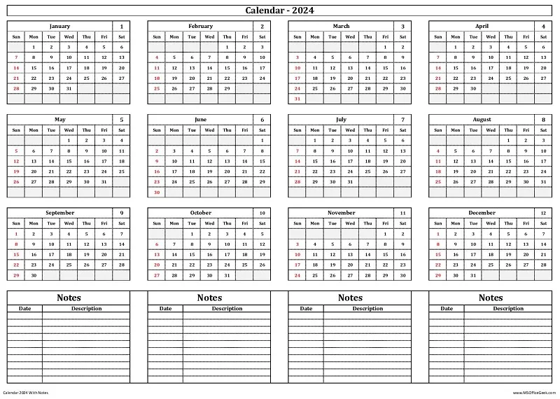 Printable Calendar 2024 With Notes