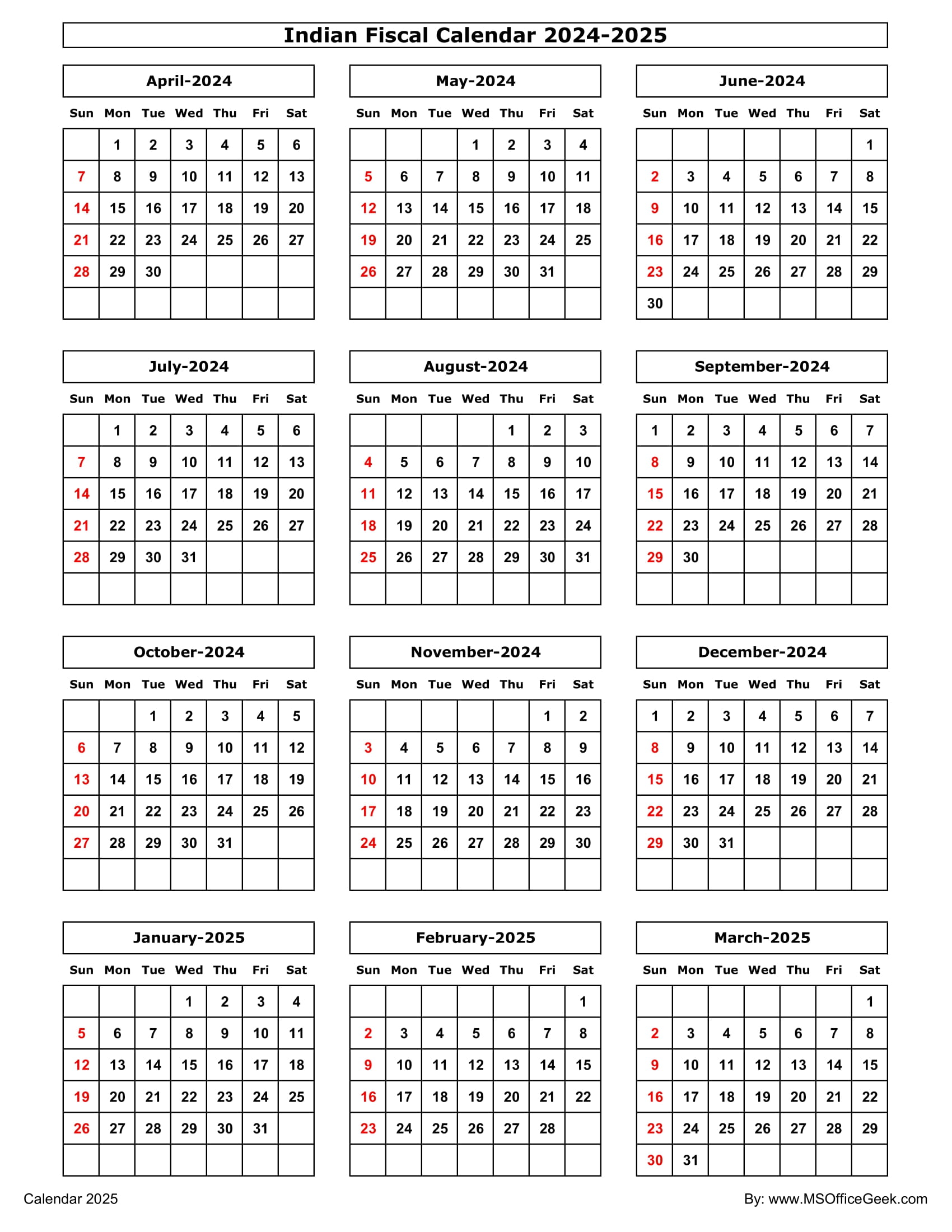 Indian Fiscal Calendar 2024 - 2025