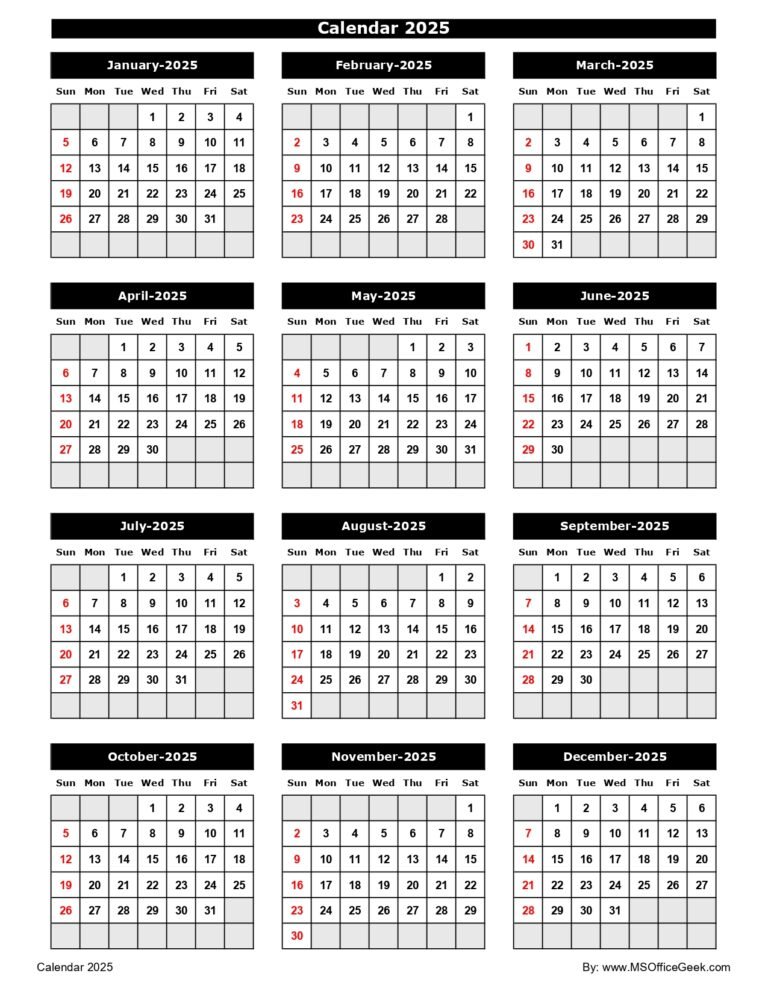 ReadyToUse Printable Calendar 2025 MSOfficeGeek
