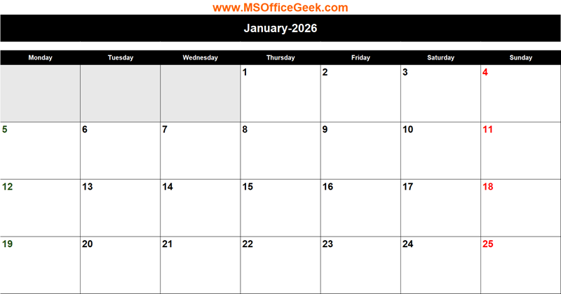 Printable Monthly Calendar 2026