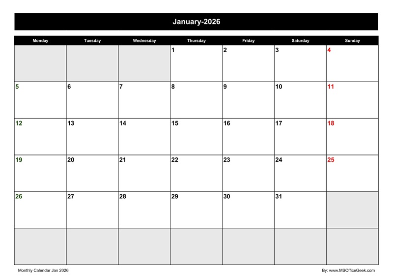 Calendar Jan 2026